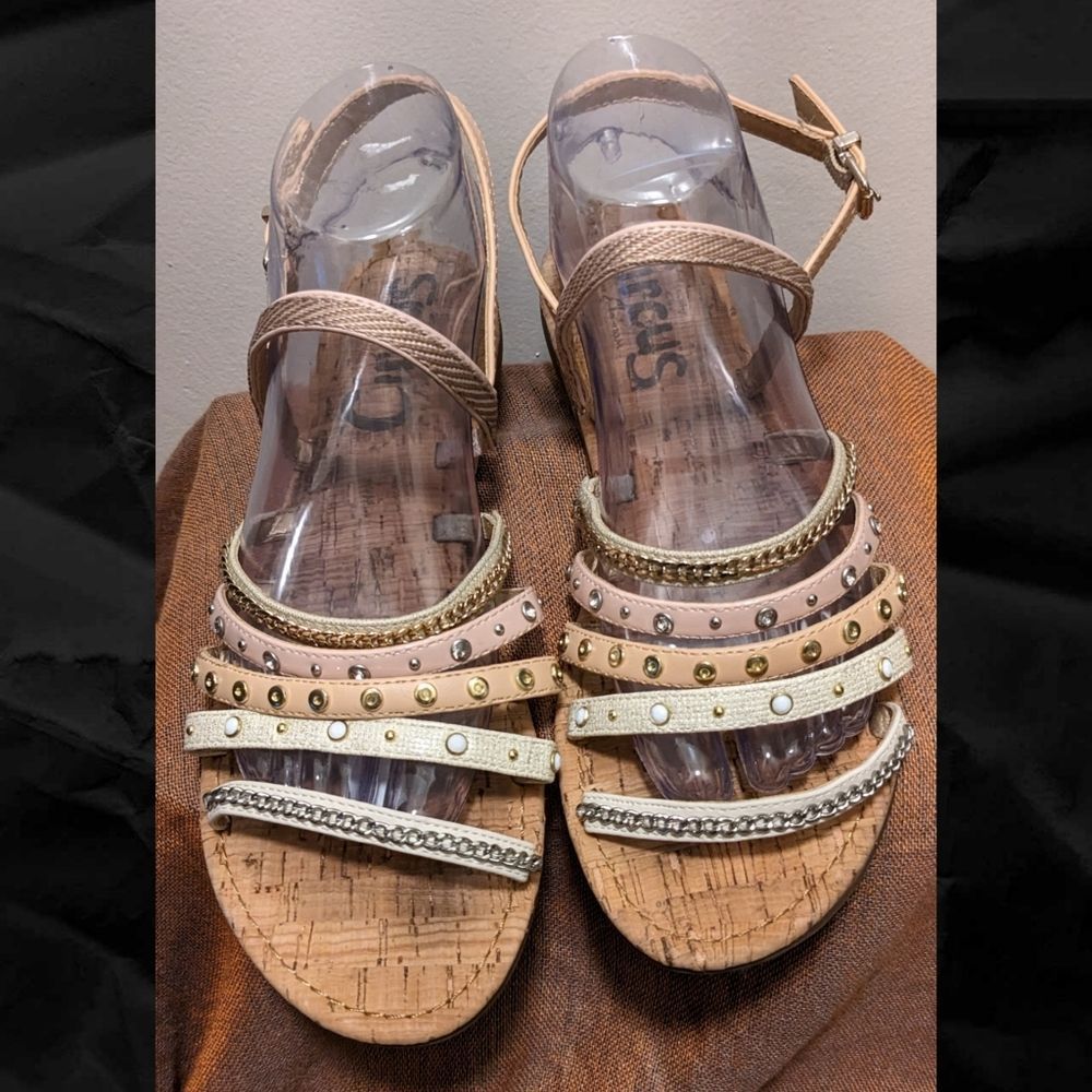 Circus by Sam Edelman Multistrap Studded Cork Sandals - Pink & Gold